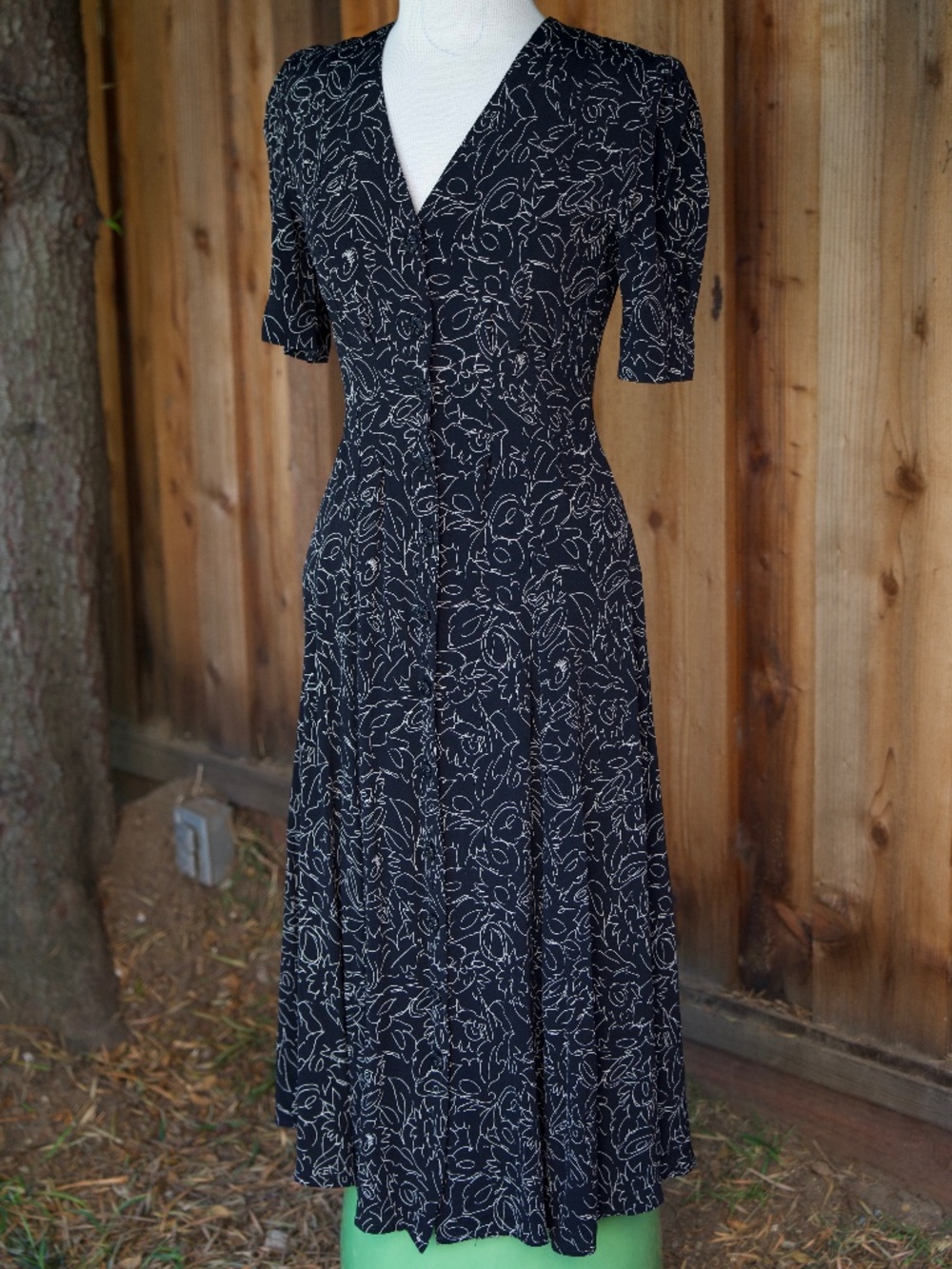Vintage 90's Express Black Button Down Maxi Retro Floral Print Dress Woman's S